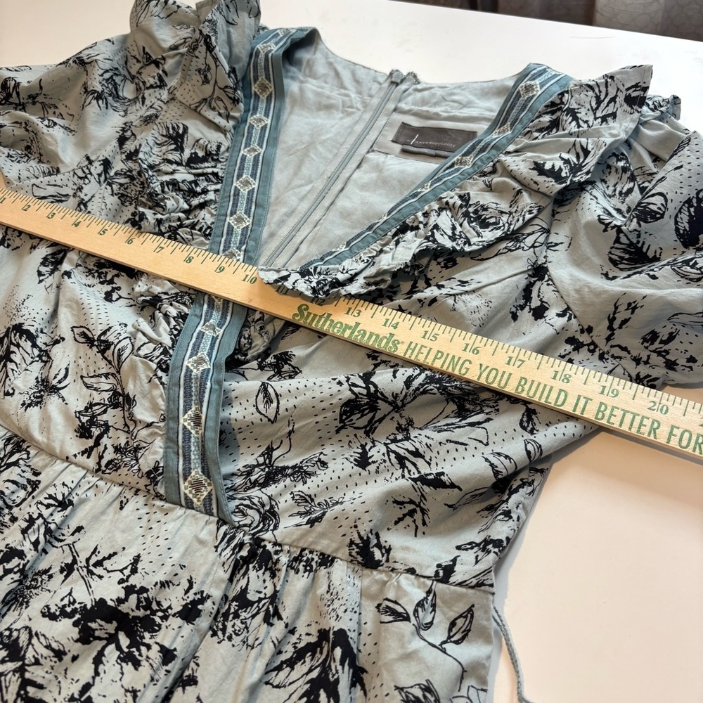 Anthropologie ruffle floral mini wrap dress large blue *missing belt - Picture 16 of 16